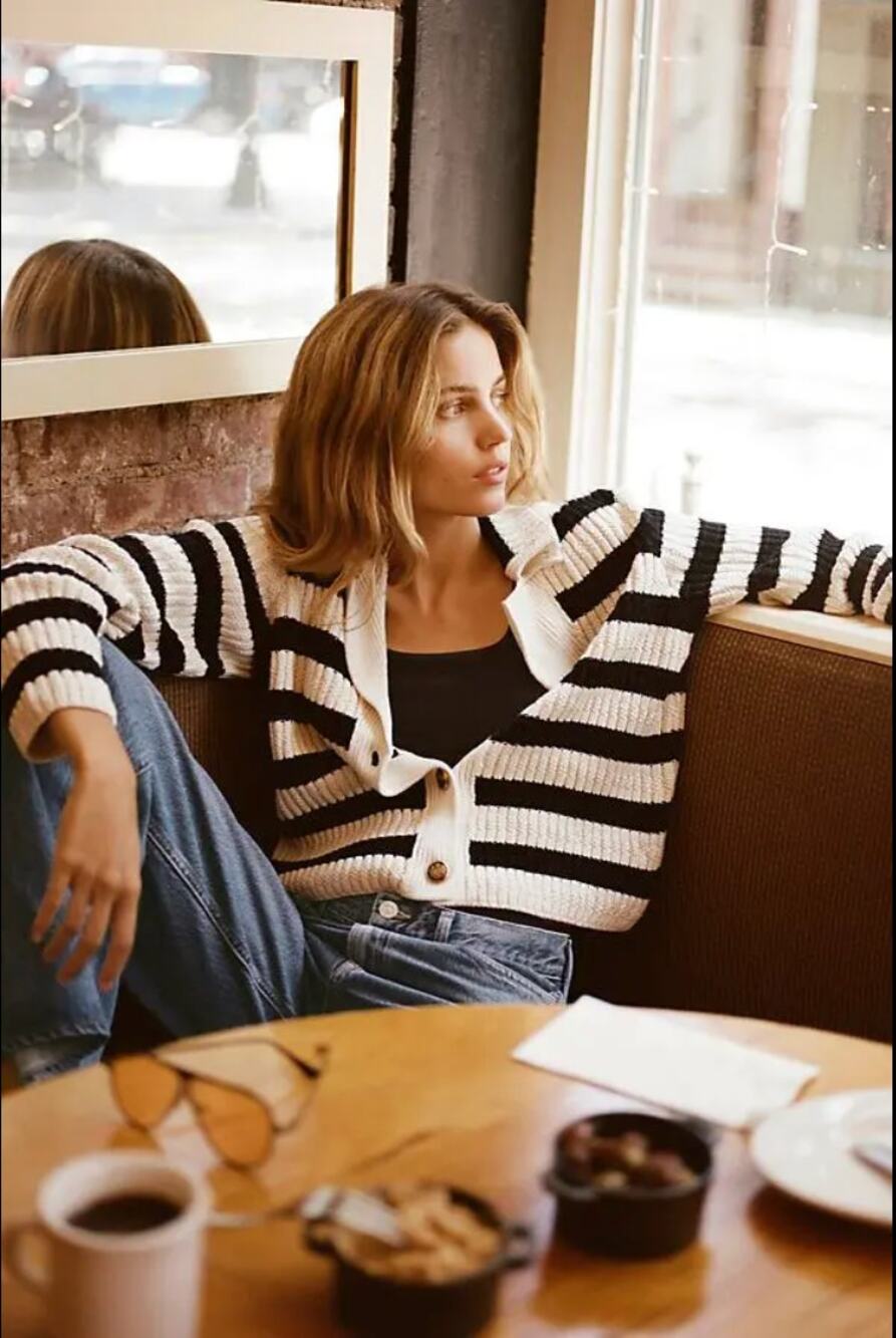 Anthropologie Maeve Greta Polo Cardigan Sweater Black and Cream, Size XXS